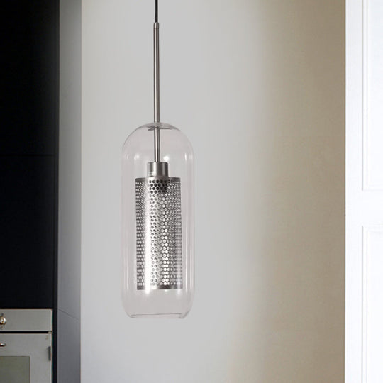Modern Clear Glass Hanging Light With Mesh Screen For Balcony - Capsule Shape Chrome / 5
