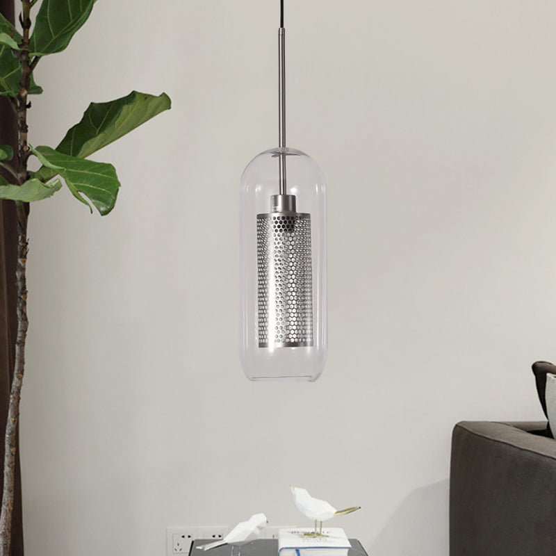Modern Clear Glass Hanging Light With Mesh Screen For Balcony - Capsule Shape