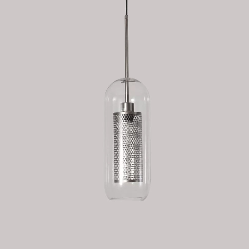 Modern Clear Glass Hanging Light With Mesh Screen For Balcony - Capsule Shape