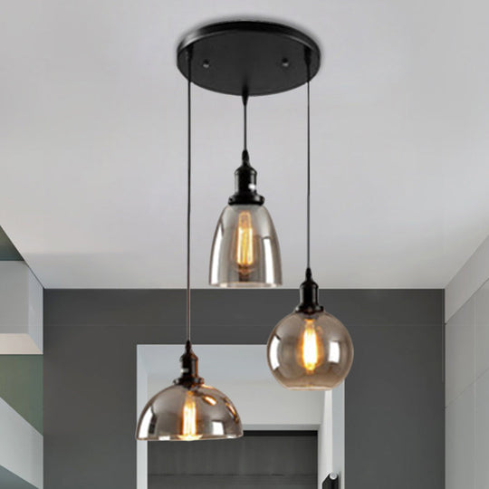 Industrial Smoked Glass Geometric Pendant Light Cluster With Black 3/4 Lights Linear/Round Canopy