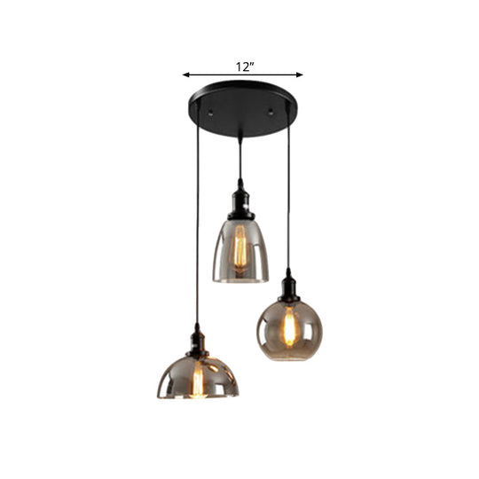 Industrial Smoked Glass Geometric Pendant Light Cluster With Black 3/4 Lights Linear/Round Canopy