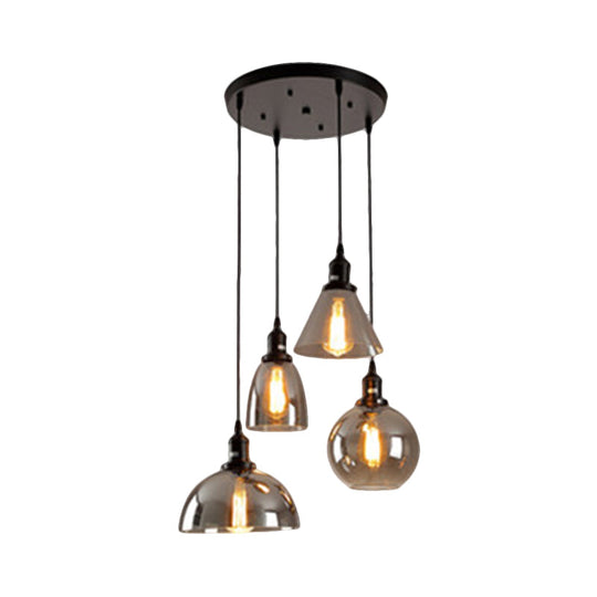 Industrial Smoked Glass Geometric Pendant Light Cluster With Black 3/4 Lights Linear/Round Canopy