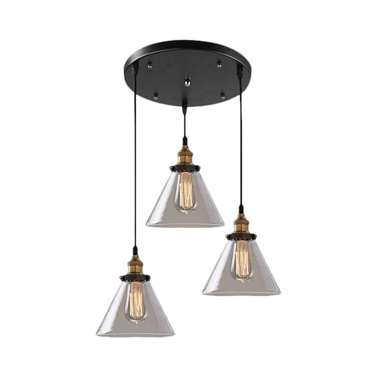 Cone/Bowl Smoked Glass Industrial Pendant Hanging Lamp - 3-Light Coffee Shop Fixture With