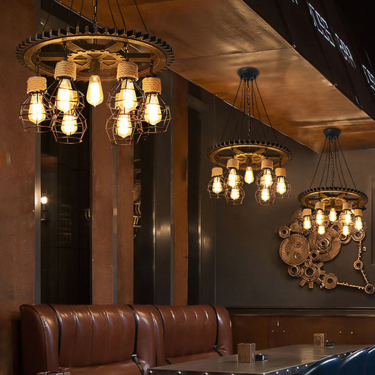 Antique Style Black Iron Pendant Light With Wire Guard - 5/7-Head Suspended Lamp Fixture