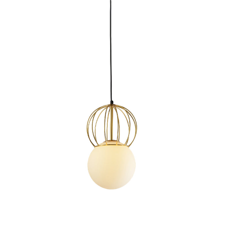 Modern White Globe Suspension Light With Melon Wire And Frosted Glass- Ideal For Bedroom