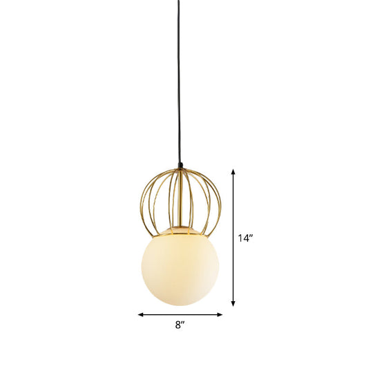 Modern White Globe Suspension Light With Melon Wire And Frosted Glass- Ideal For Bedroom