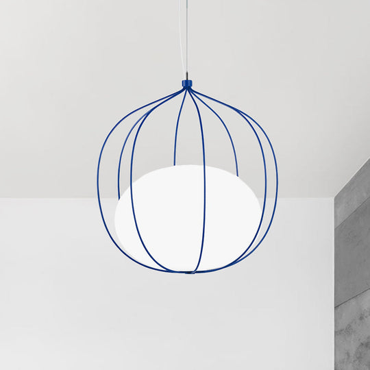 Modern Pendant Light: Egg Milk Glass Suspension With Melon Wire Frame - Ideal For Offices