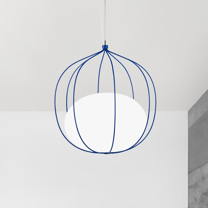 Modern Pendant Light With Milk Glass Shade And Melon Wire Frame - Ideal For Offices