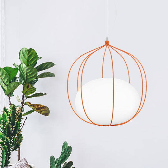 Modern Pendant Light With Milk Glass Shade And Melon Wire Frame - Ideal For Offices Orange