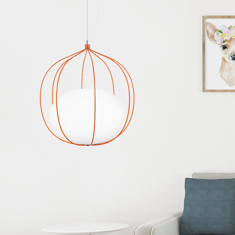 Modern Pendant Light With Milk Glass Shade And Melon Wire Frame - Ideal For Offices