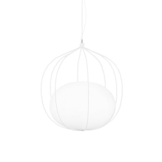 Modern Pendant Light: Egg Milk Glass Suspension With Melon Wire Frame - Ideal For Offices