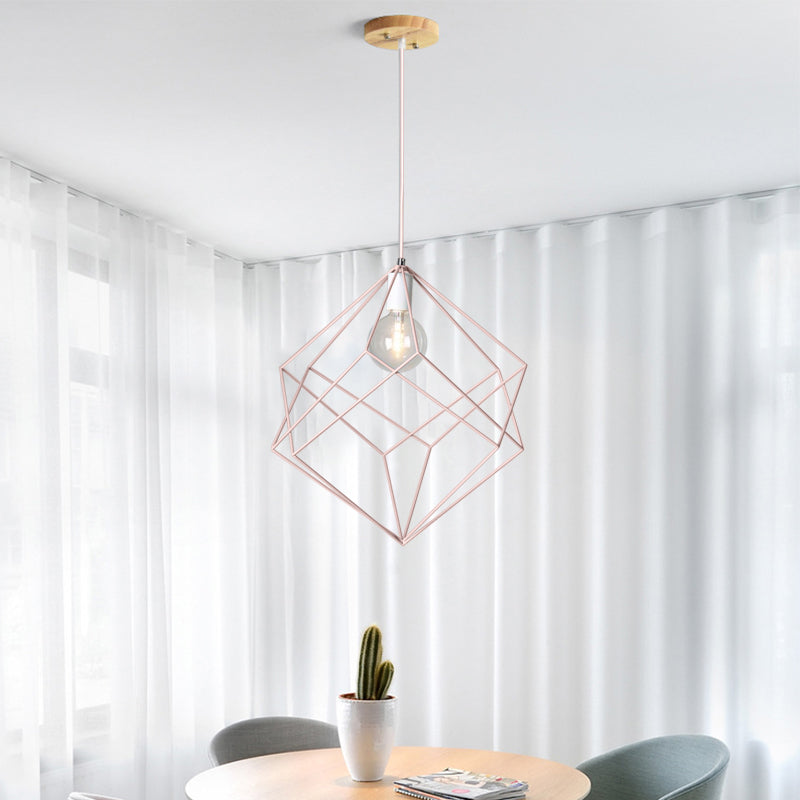 Macaron Cube Cage Pendant Light - Stylish Iron Undertint Hanging Lamp For Dining Table And Hallway
