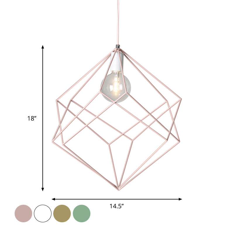 Macaron Cube Cage Pendant Light - Stylish Iron Undertint Hanging Lamp For Dining Table And Hallway
