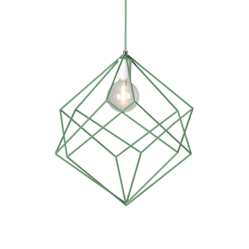 Macaron Cube Cage Pendant Light - Stylish Iron Undertint Hanging Lamp For Dining Table And Hallway