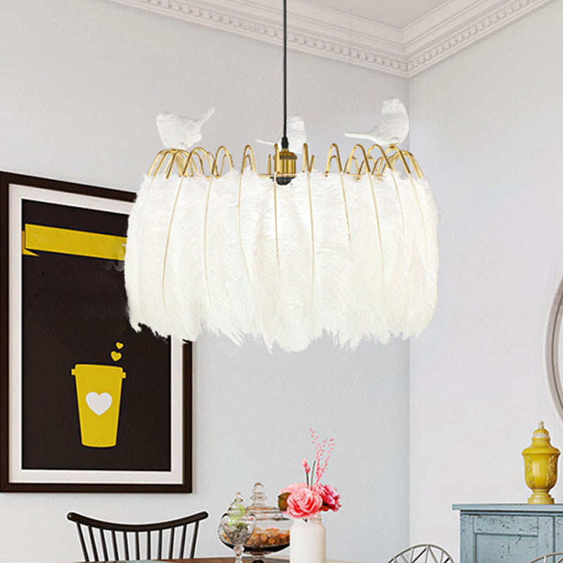 Modern Bird Fabric Drum Pendant Lamp - White 1-Light Hanging For Bedroom