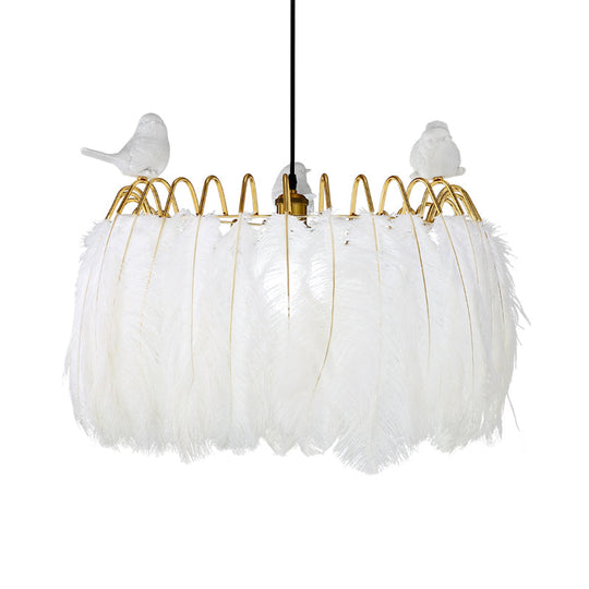 Modern Bird Fabric Drum Pendant Lamp - White 1-Light Hanging For Bedroom