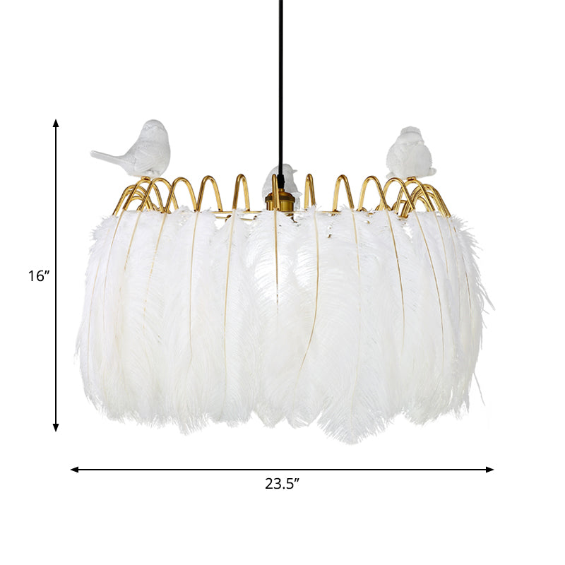 Modern Bird Fabric Drum Pendant With 1 Light For Bedroom