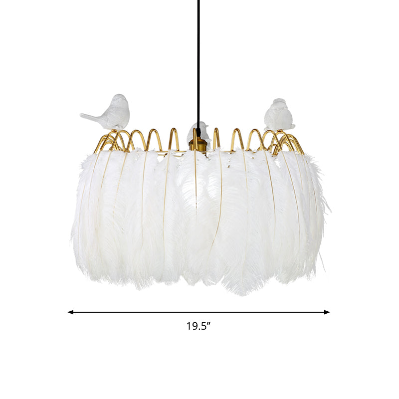 Modern Bird Fabric Drum Pendant Lamp - White 1-Light Hanging For Bedroom