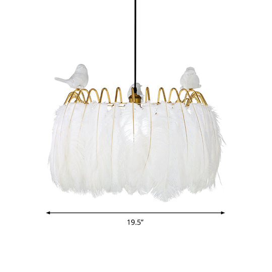 Modern Bird Fabric Drum Pendant Lamp - White 1-Light Hanging For Bedroom