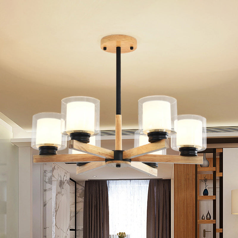 Wooden Hanging Chandelier With Double Glass Cylinder Shade - 3/6 Light Ceiling Lamp For Living Room