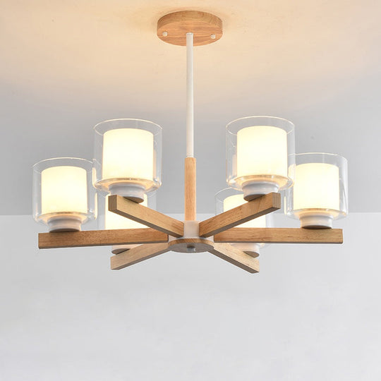 Wooden Hanging Chandelier With Double Glass Cylinder Shade - 3/6 Light Ceiling Lamp For Living Room