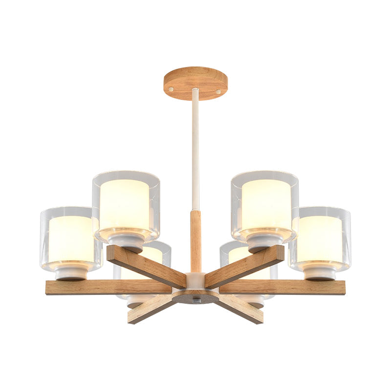 Wooden Hanging Chandelier With Double Glass Cylinder Shade - 3/6 Light Ceiling Lamp For Living Room