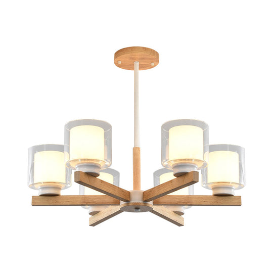 Wooden Double Glass Chandelier With Cylinder Shade - 3/6 Lights For Living Room Ceiling