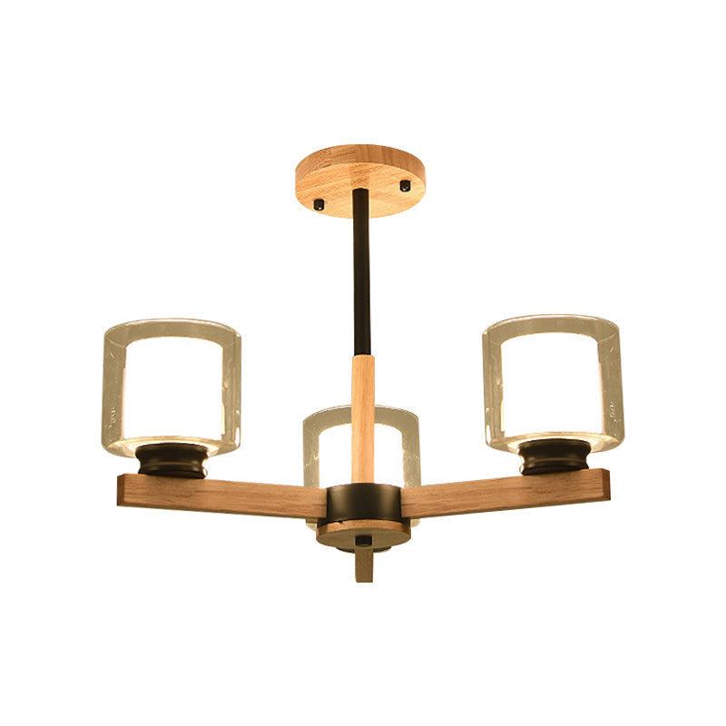 Wooden Hanging Chandelier With Double Glass Cylinder Shade - 3/6 Light Ceiling Lamp For Living Room