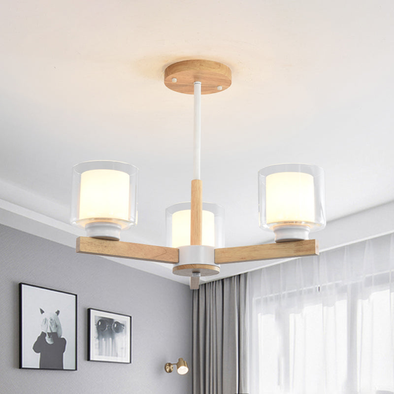 Wooden Hanging Chandelier With Double Glass Cylinder Shade - 3/6 Light Ceiling Lamp For Living Room
