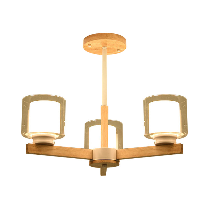 Wooden Hanging Chandelier With Double Glass Cylinder Shade - 3/6 Light Ceiling Lamp For Living Room