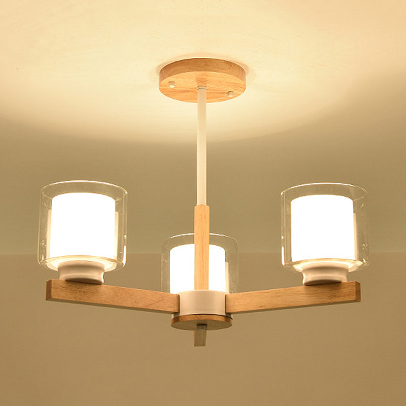 Wooden Hanging Chandelier With Double Glass Cylinder Shade - 3/6 Light Ceiling Lamp For Living Room