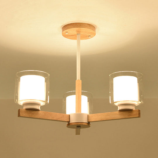 Wooden Hanging Chandelier With Double Glass Cylinder Shade - 3/6 Light Ceiling Lamp For Living Room