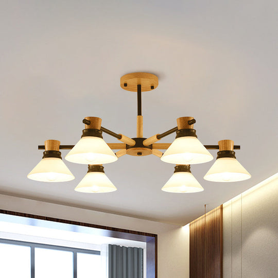 Modern Glass And Wood Hanging Pendant Chandelier - Black/Gold Branch Cone Shade For Sitting Room