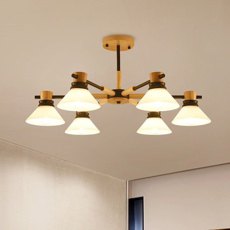 Modern Glass And Wood Hanging Pendant Chandelier - Black/Gold Branch Cone Shade For Sitting Room