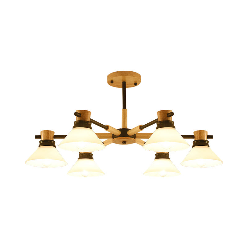 Modern Glass And Wood Hanging Pendant Chandelier - Black/Gold Branch Cone Shade For Sitting Room