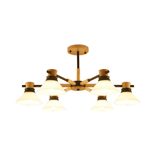 Modern Glass And Wood Hanging Pendant Chandelier - Black/Gold Branch Cone Shade For Sitting Room