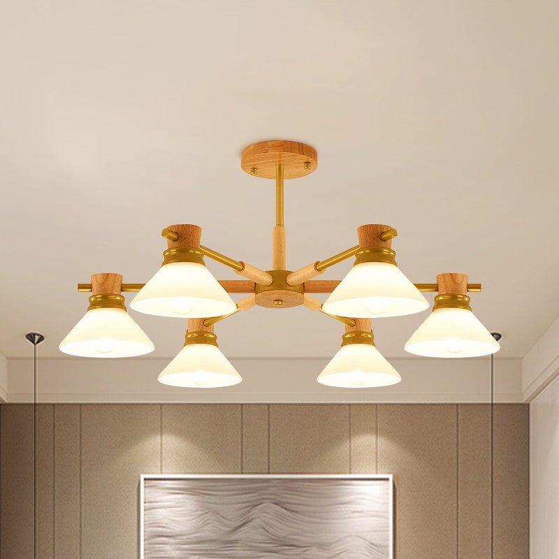 Modern Glass And Wood Hanging Pendant Chandelier - Black/Gold Branch Cone Shade For Sitting Room