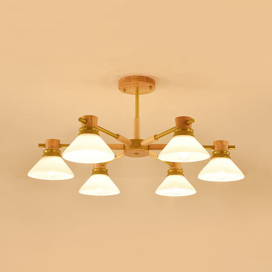 Modern Glass And Wood Hanging Pendant Chandelier - Black/Gold Branch Cone Shade For Sitting Room