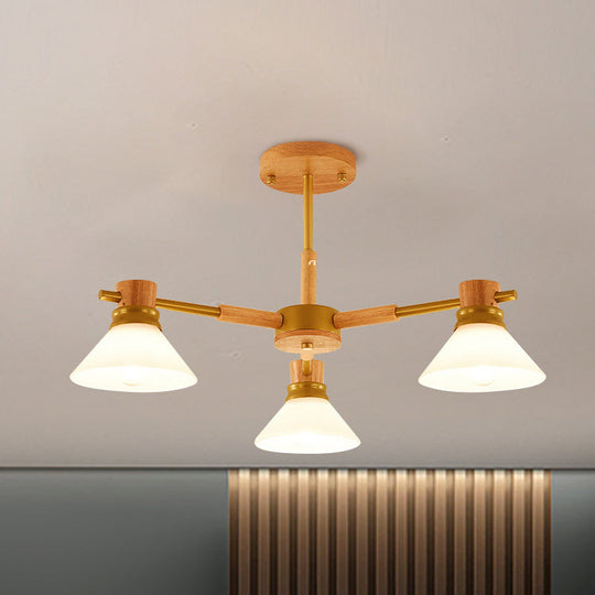 Modern Glass And Wood Hanging Pendant Chandelier - Black/Gold Branch Cone Shade For Sitting Room