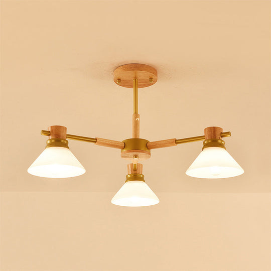 Modern Glass And Wood Hanging Pendant Chandelier - Black/Gold Branch Cone Shade For Sitting Room