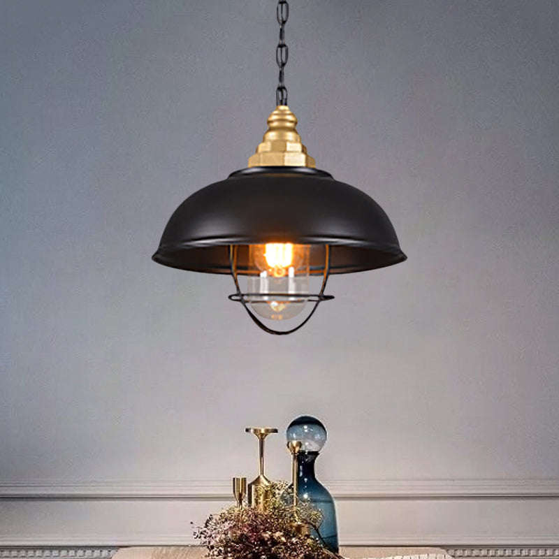 Nautical Black Bowl Suspension Lamp With Metallic Wire Cage - Perfect For Restaurant Ceilings