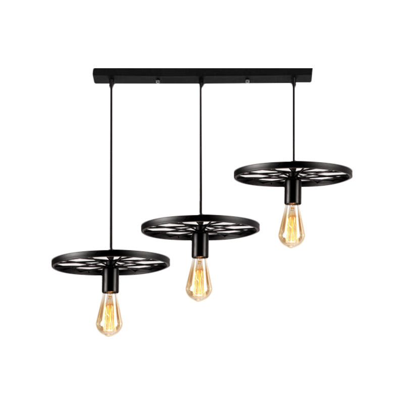 Industrial Style Iron Hanging Pendant Light With Wheel - 3 Lights Black Bare Bulb Perfect For