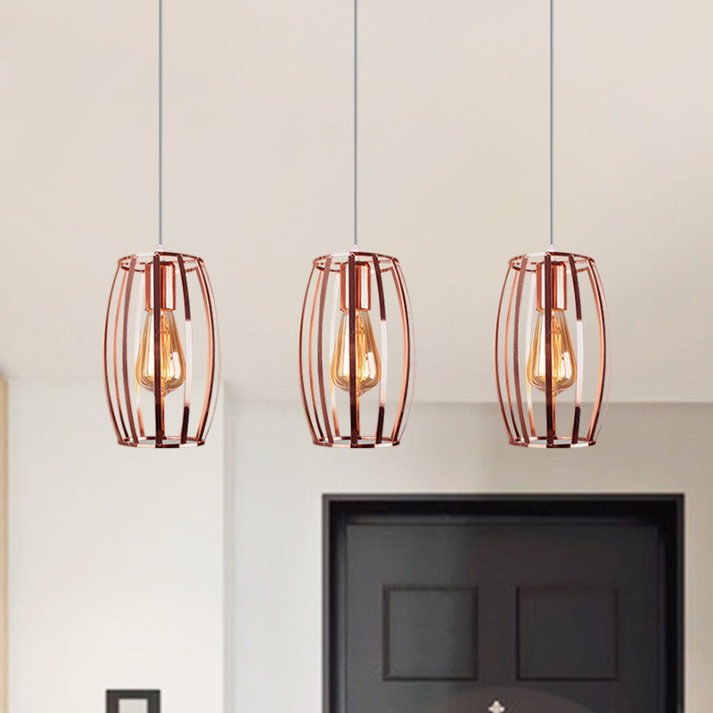 Iron Copper Hanging Lamp With Oval Cage Shade - Industrial Ceiling Fixture 3 Bulbs Stylish Lighting