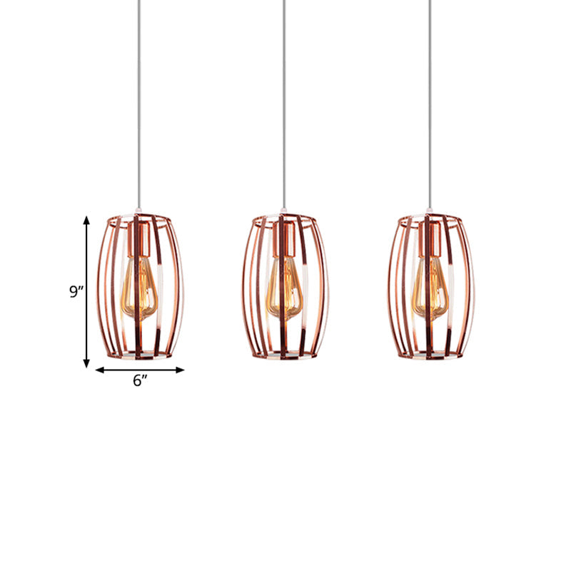 Iron Copper Hanging Lamp With Oval Cage Shade - Industrial Ceiling Fixture 3 Bulbs Stylish Lighting