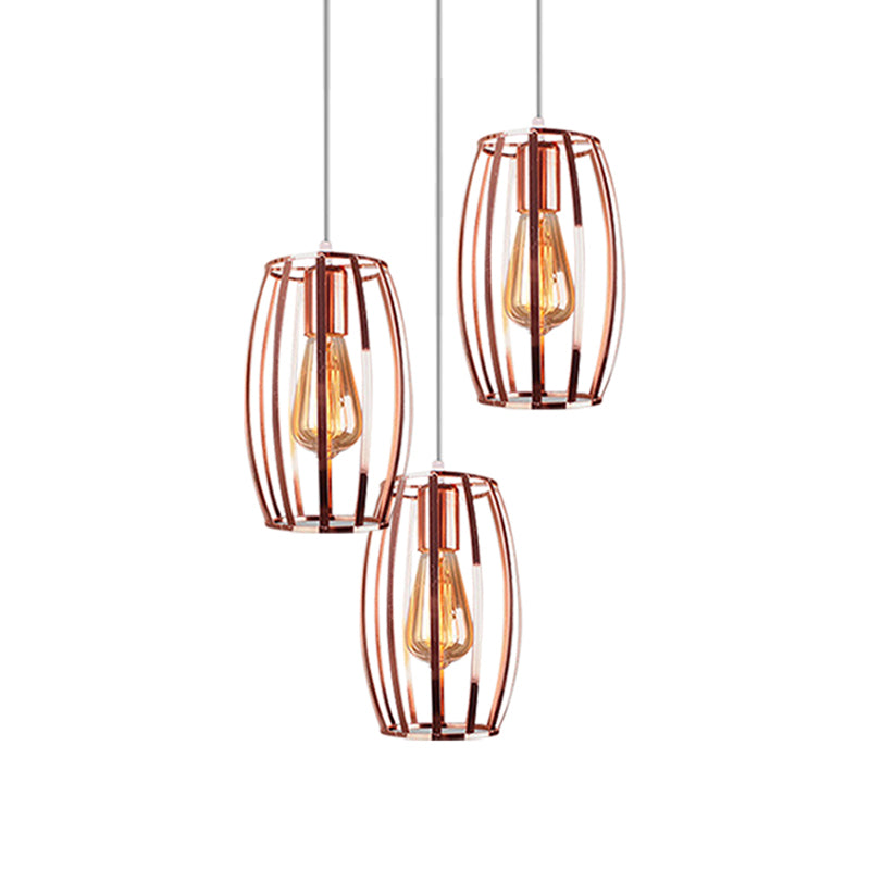 Iron Copper Hanging Lamp With Oval Cage Shade - Industrial Ceiling Fixture 3 Bulbs Stylish Lighting