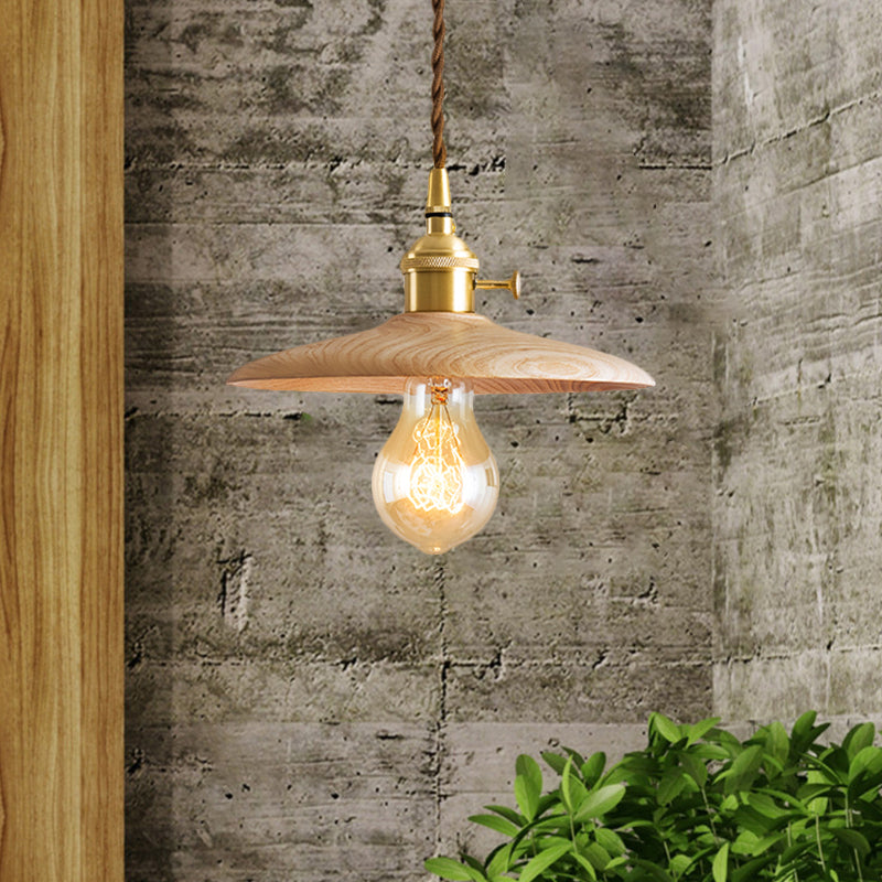 Brown/Beige Conical Living Room Suspension Light - 1 Contemporary Hanging Lamp In Wood Finish