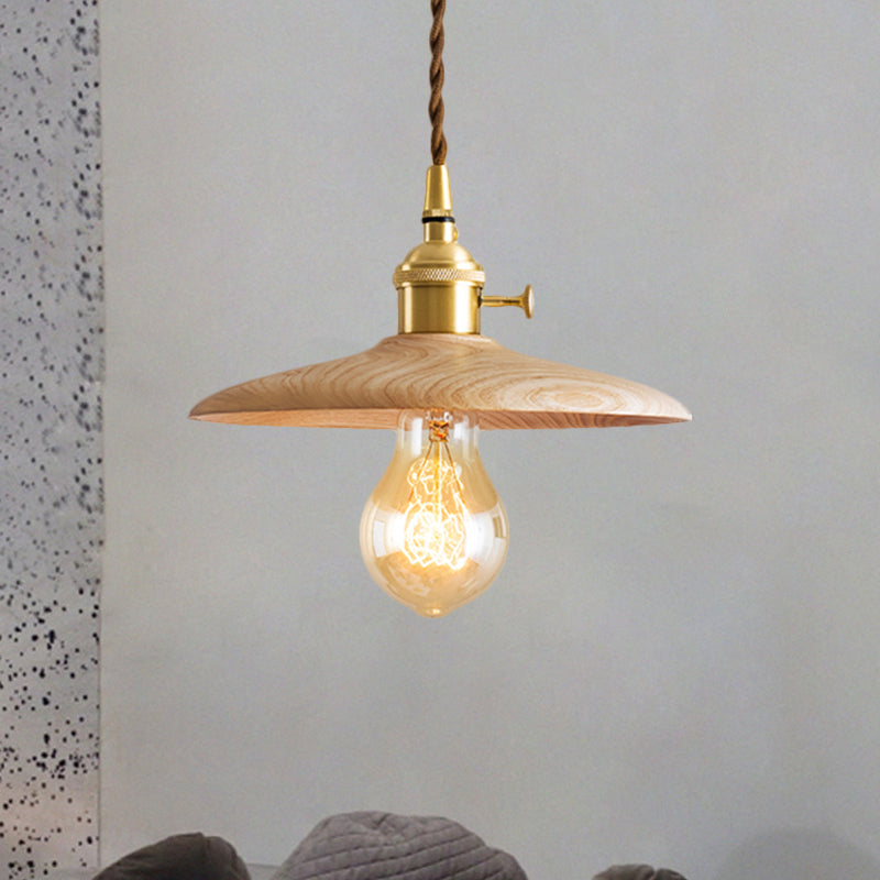 Brown/Beige Conical Living Room Suspension Light - 1 Contemporary Hanging Lamp In Wood Finish