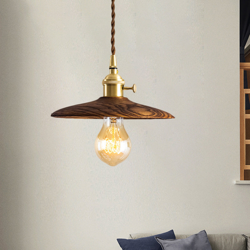 Brown/Beige Conical Living Room Suspension Light - 1 Contemporary Hanging Lamp In Wood Finish