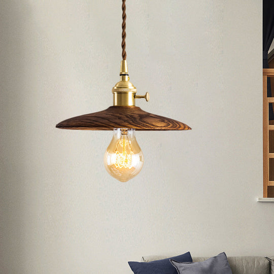Brown/Beige Conical Living Room Suspension Light - 1 Contemporary Hanging Lamp In Wood Finish
