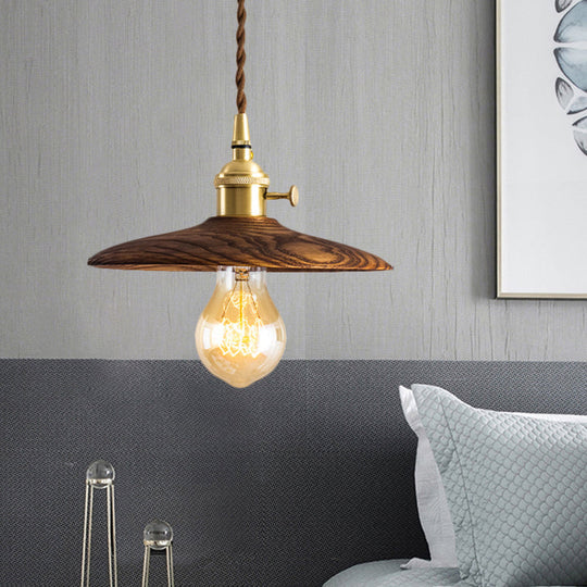 Brown/Beige Conical Living Room Suspension Light - 1 Contemporary Hanging Lamp In Wood Finish